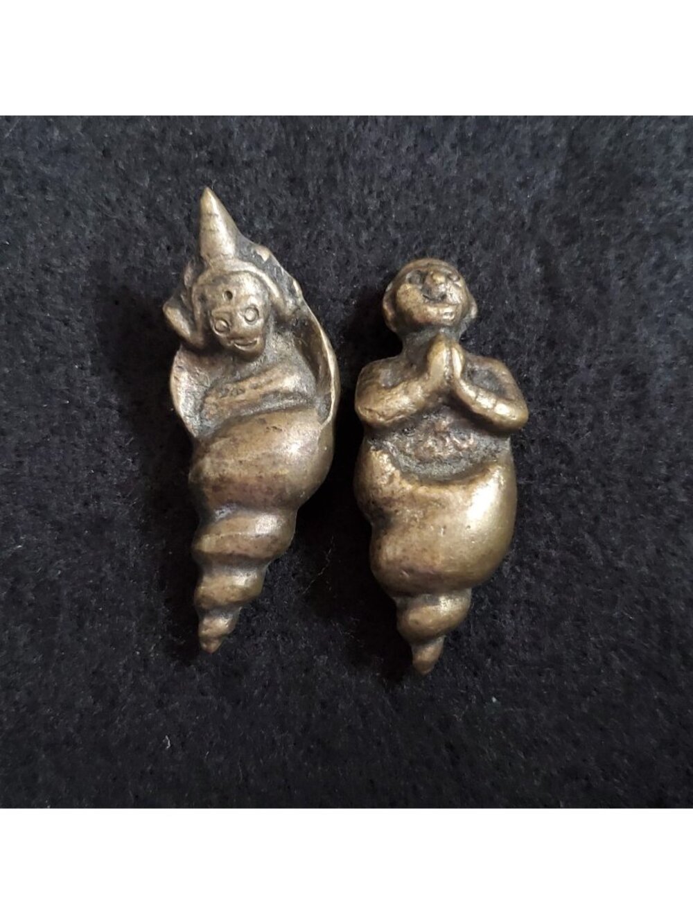 Buddha Amulet Seashell Mini Figure Set of 2 Gold Tone Metal 2"
